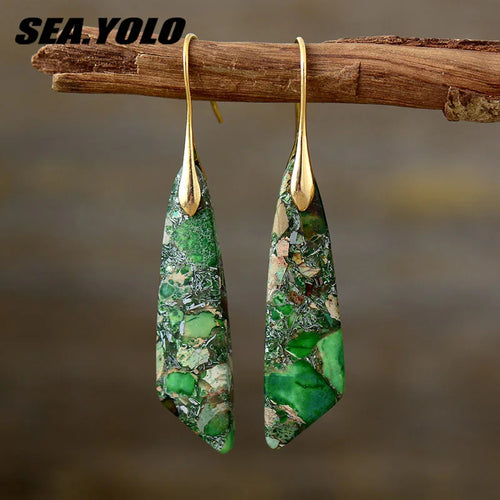 Gold-tone natural stone drop earrings with green glittery mosaic teardrop panels
