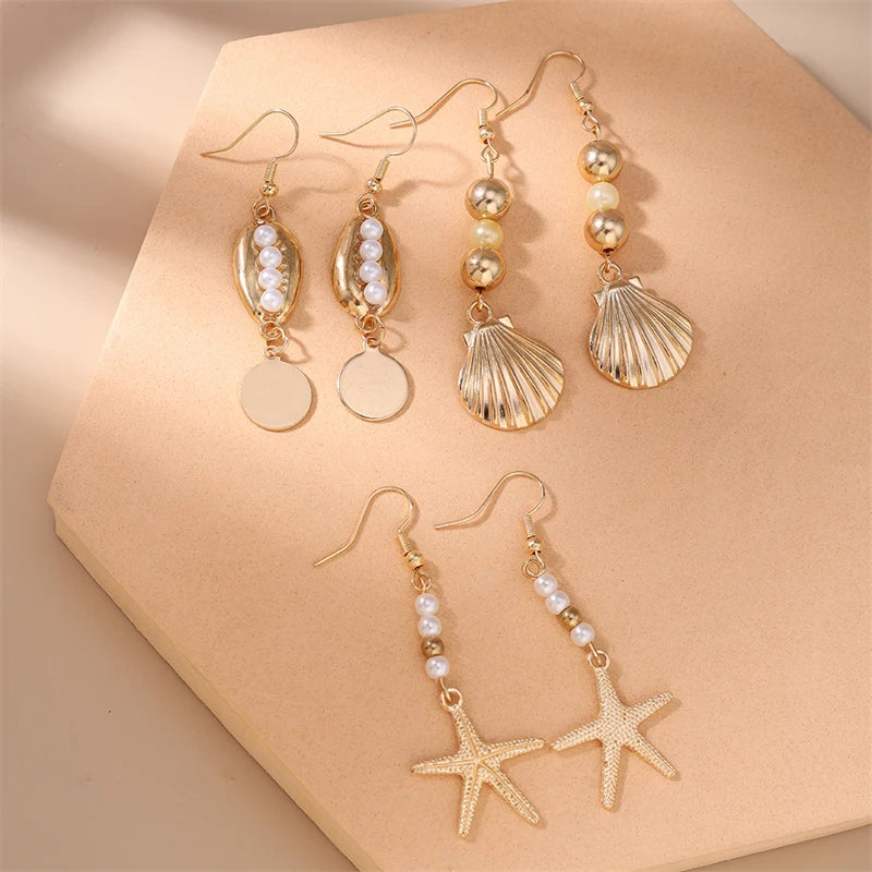 Starfish Shell Drop Earrings Set | 3 Pairs Handmade Beach Jewelry