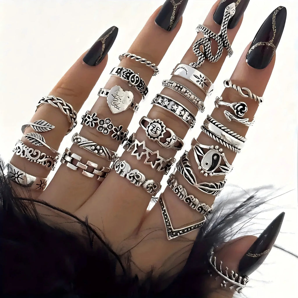 Bohemian Stacking Rings Set | 25Pcs Adjustable Silver Tone Rings for Women