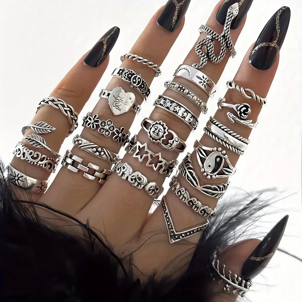 Bohemian Stacking Rings Set | 25Pcs Adjustable Silver Tone Rings for Women