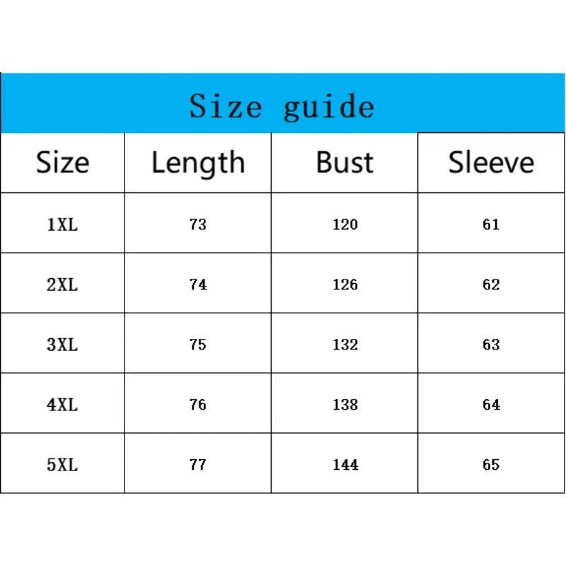 Size guide table: 1XL–5XL length 73–77, bust 120–144, sleeve 61–65