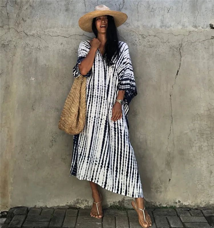 Bohemian Striped Beach Dress | Printed Kaftan Swimsuit Cover Up for Women