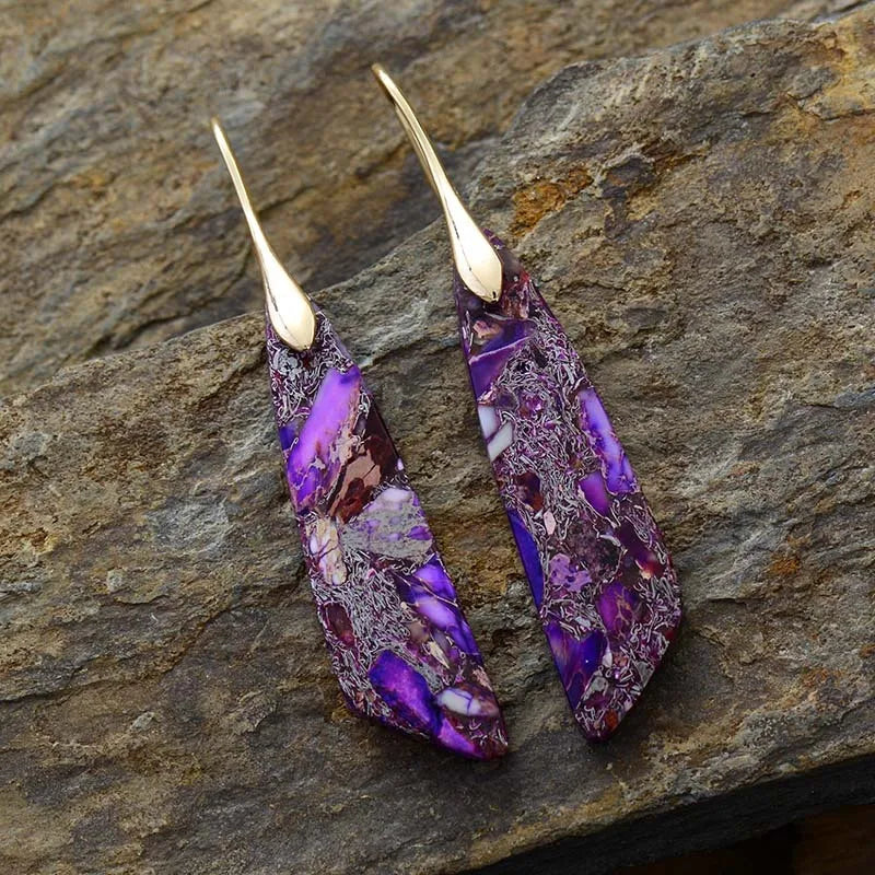Geometric purple stone drop earrings with gold-tone hooks