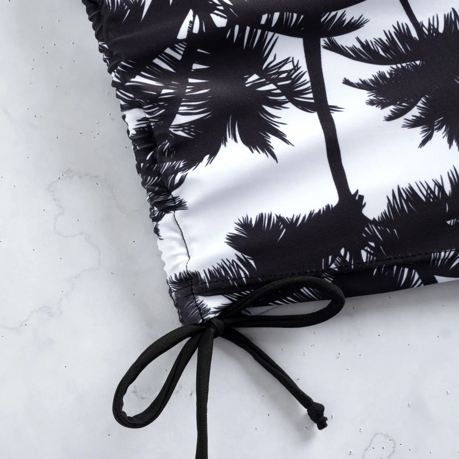 Palm print tankini swim shorts with side ties, black and white