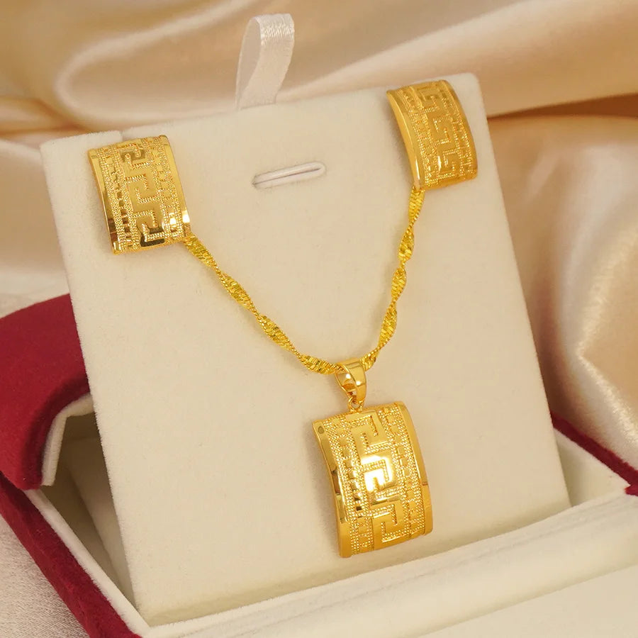 Ethiopian Habesha Gold Jewelry Set | Eritrean Square Pendant Necklace & Earrings for Women