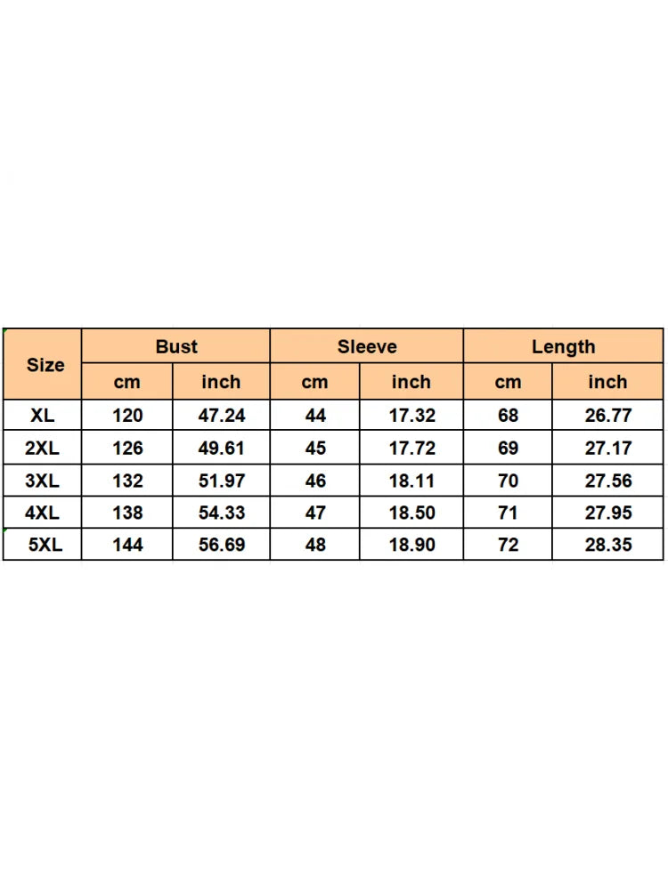 Size chart table: bust, sleeve, and length measurements in cm and inches