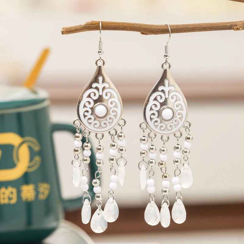 Boho water-drop bead tassel dangle earrings, silver teardrop with white bead fringe