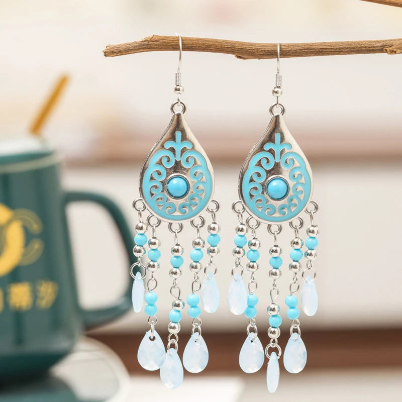 Boho Water Drop Bead Tassel Dangle Earrings | Colorful Ethnic Art Earrings for Women