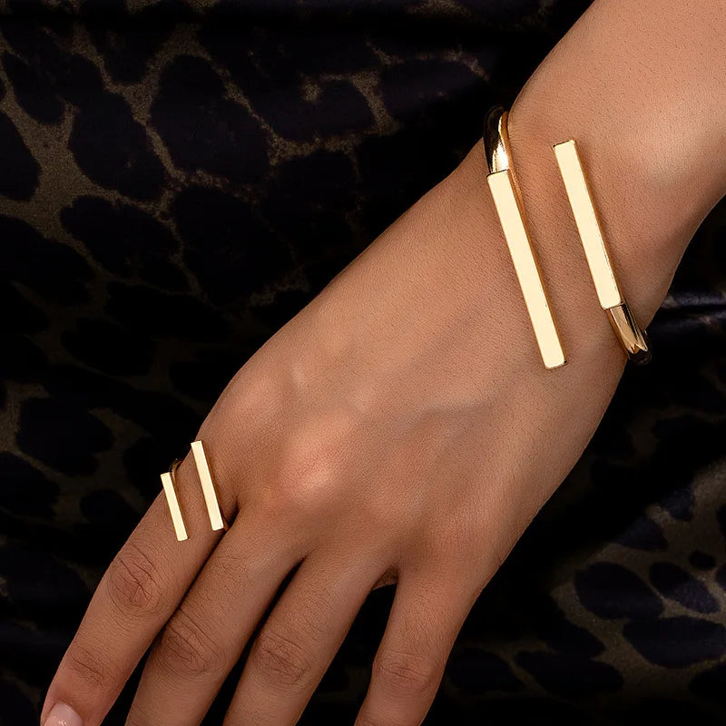 Geometric Open Bracelet & Ring Set | 2pc Stainless Steel Jewelry