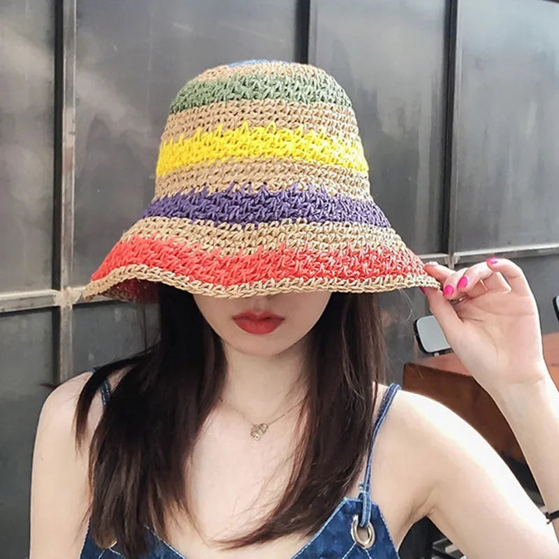 Rainbow Striped Crochet Bucket Hat | Boho Beach Sun Hat