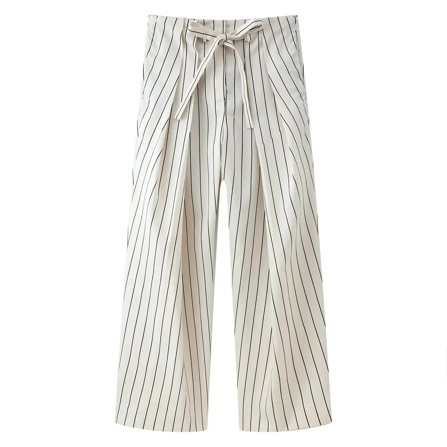 Wide-leg pinstriped pants with drawstring waist, off-white with navy vertical stripes