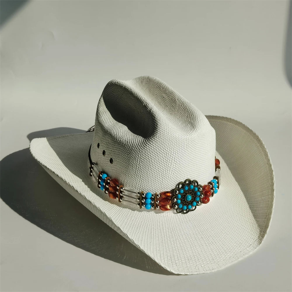 Western Straw Cowboy Hat with Turquoise Bolo Tie