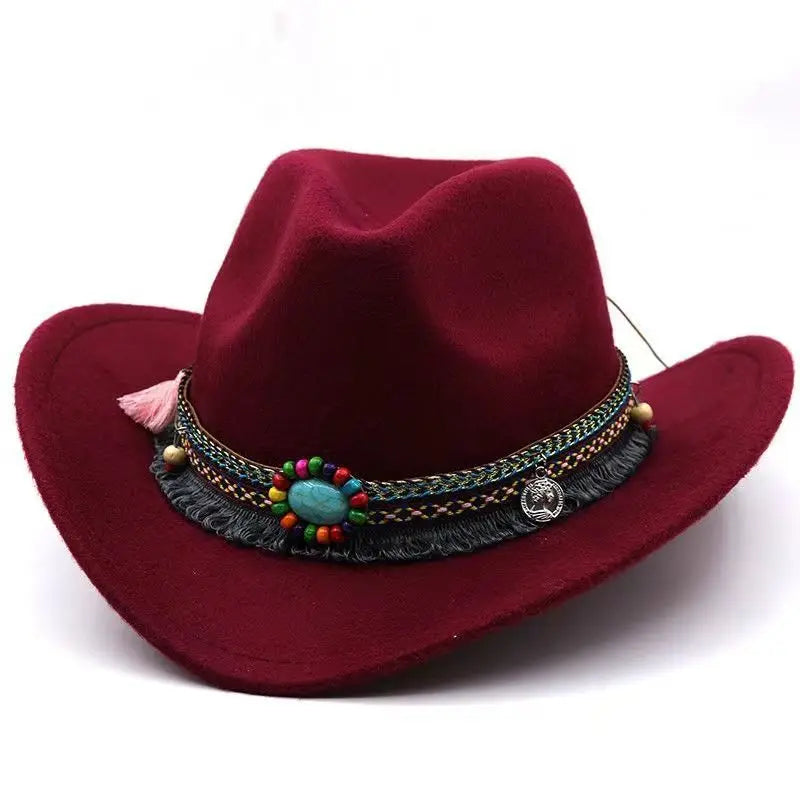 Wool Tassel Belt Western Fedora Hat