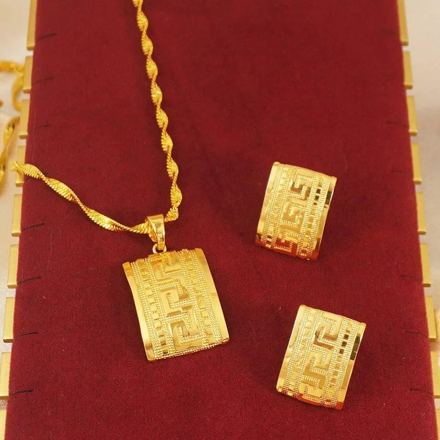 Ethiopian Habesha Gold Jewelry Set | Eritrean Square Pendant Necklace & Earrings for Women