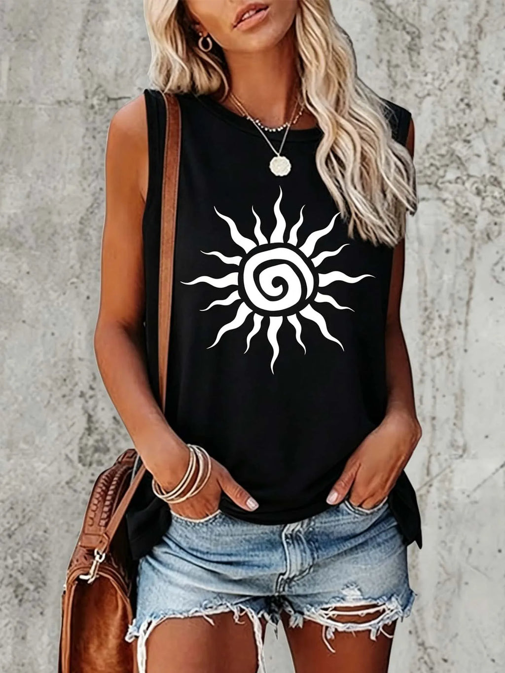 Black sleeveless tank top featuring a centered white spiral sun graphic on the front.