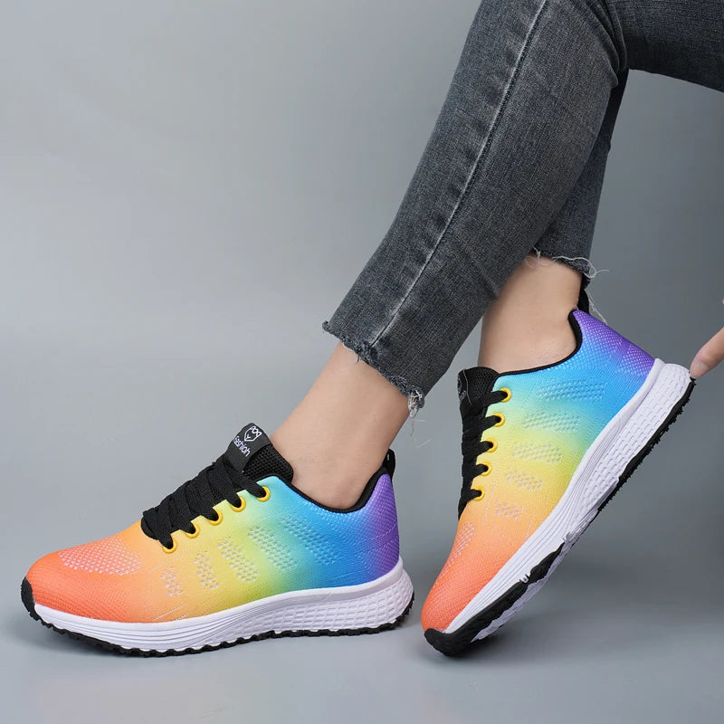 Color gradient mesh lace-up platform sneakers in blue, yellow, and orange with black trim