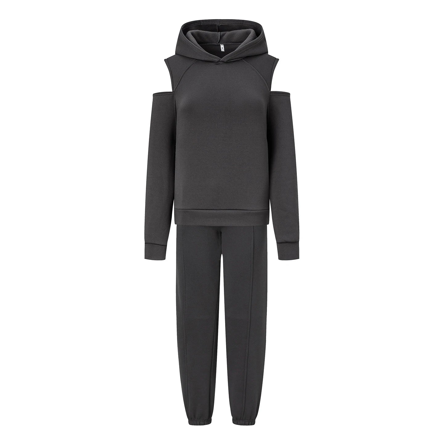 Dark gray hooded crop hoodie with matching joggers, cold-shoulder sleeves and cuffs