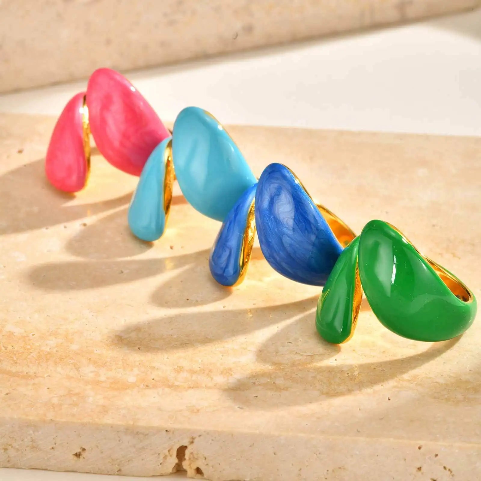 Chunky Enamel Crossover Ring | Bold Geometric Stainless Steel Stackable Ring for Women
