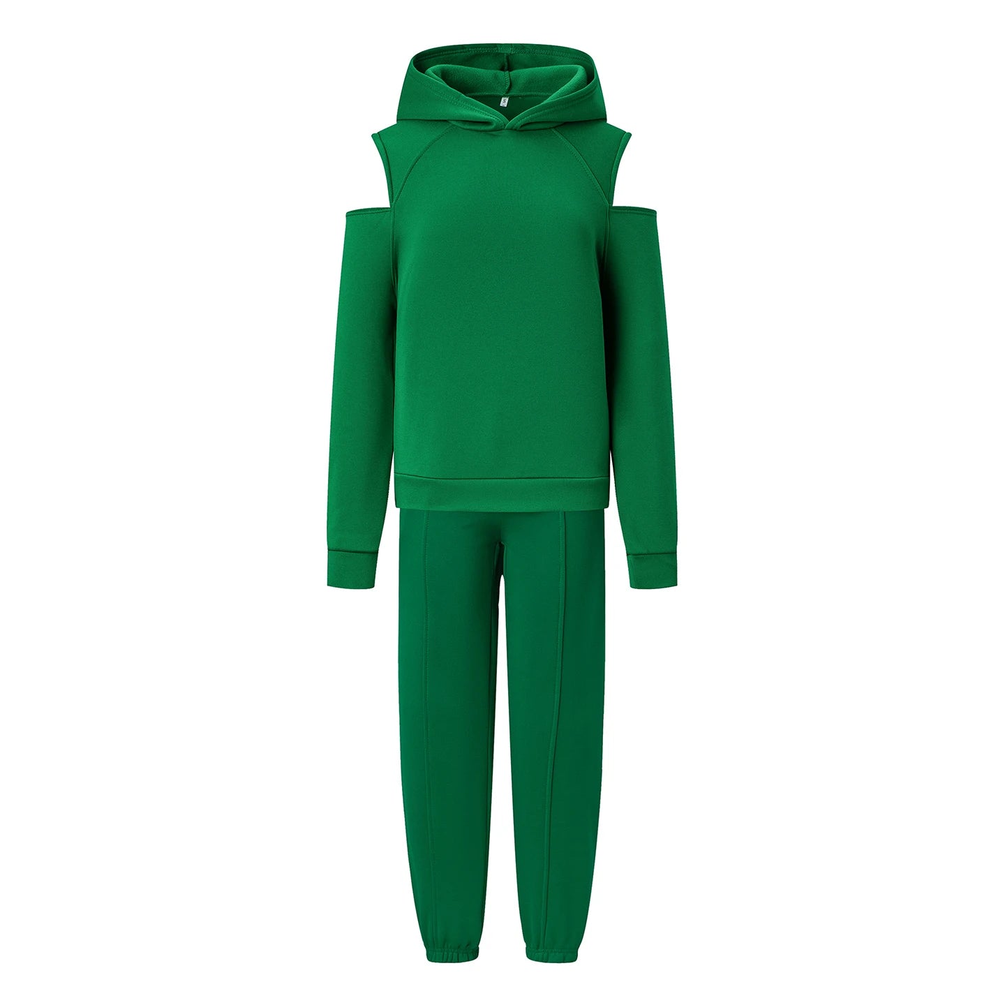 Green hooded crop hoodie and matching joggers set, drawstring hood and ribbed cuffs