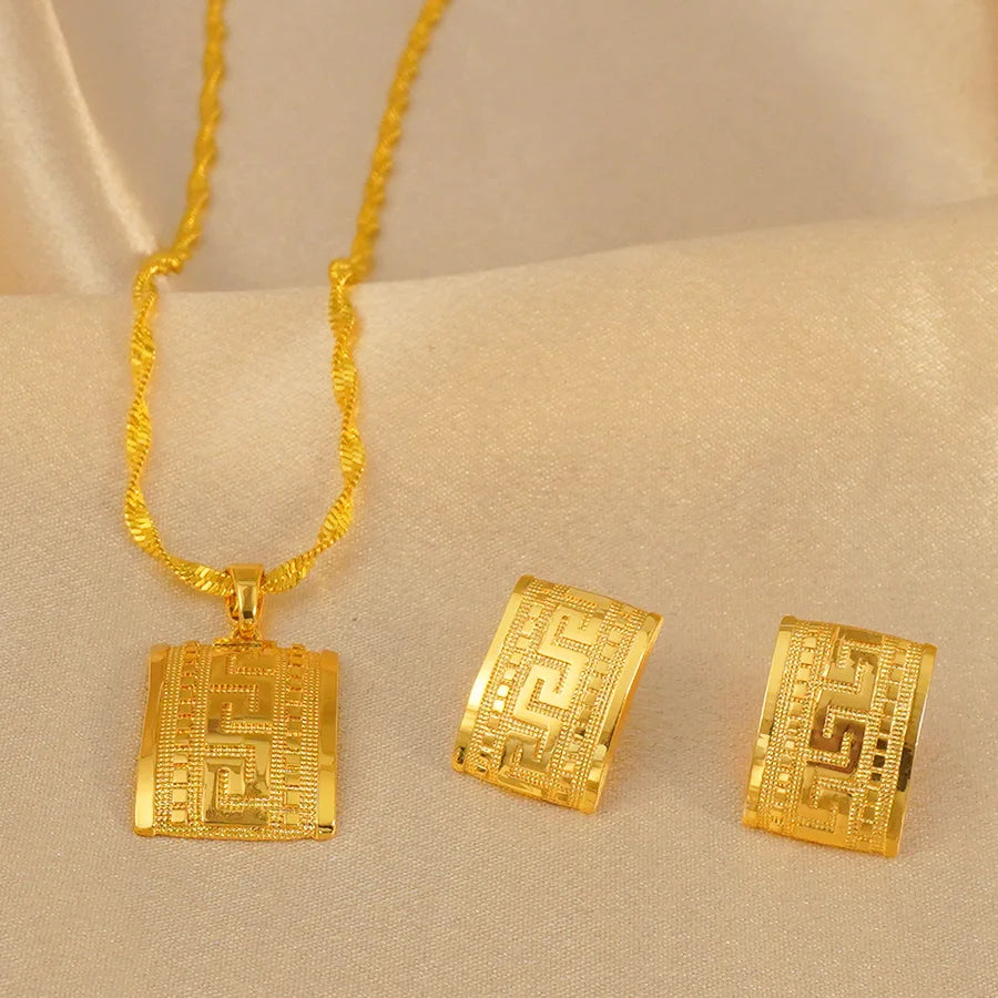 Ethiopian Habesha Gold Jewelry Set | Eritrean Square Pendant Necklace & Earrings for Women