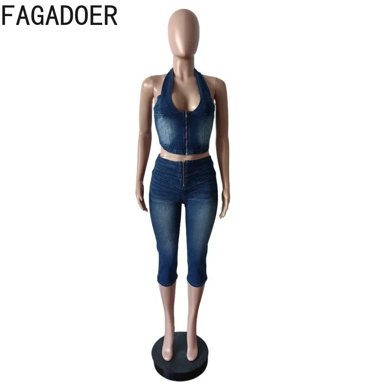 Y2K Denim Halter Crop Top & Jeans 2-Piece Set | Backless Streetwear for Women