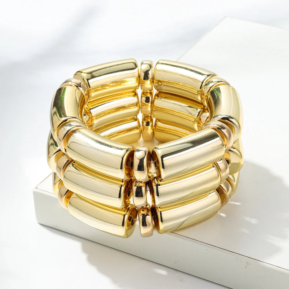 Gold bamboo tube bead bracelet set with gold-tone rings, chunky stretch 3-pack