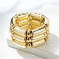 Gold bamboo tube bead bracelet set with gold-tone rings, chunky stretch 3-pack