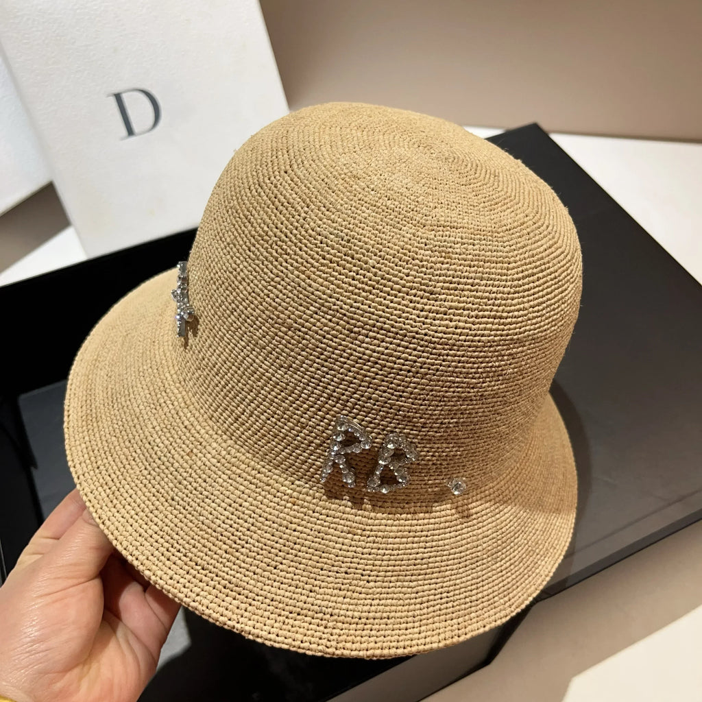 Rhinestone Luxury Raffia Crochet Bucket Hat