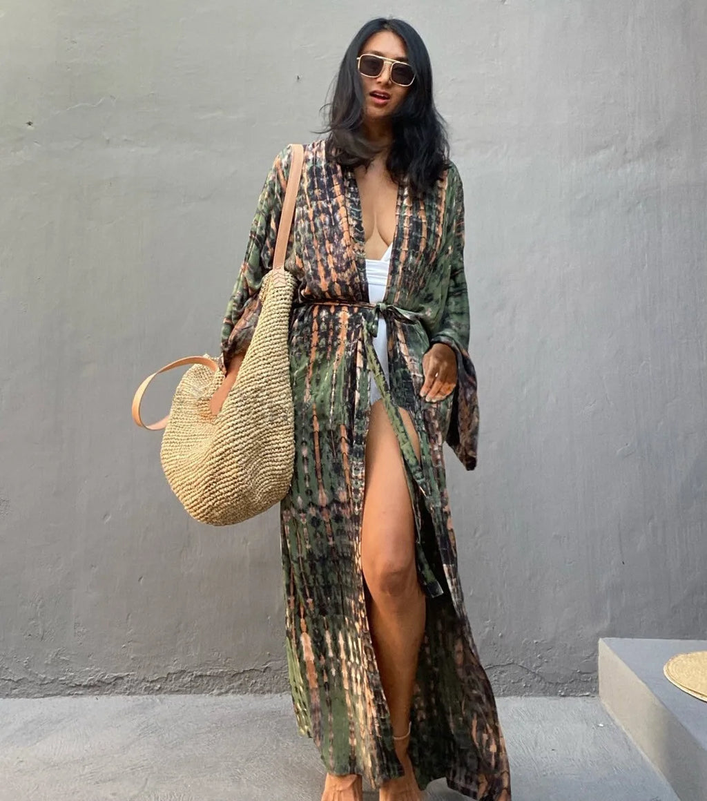 Tie Dye Kimono Wrap Dress | Self-Belted Beach Cover-Up for Women