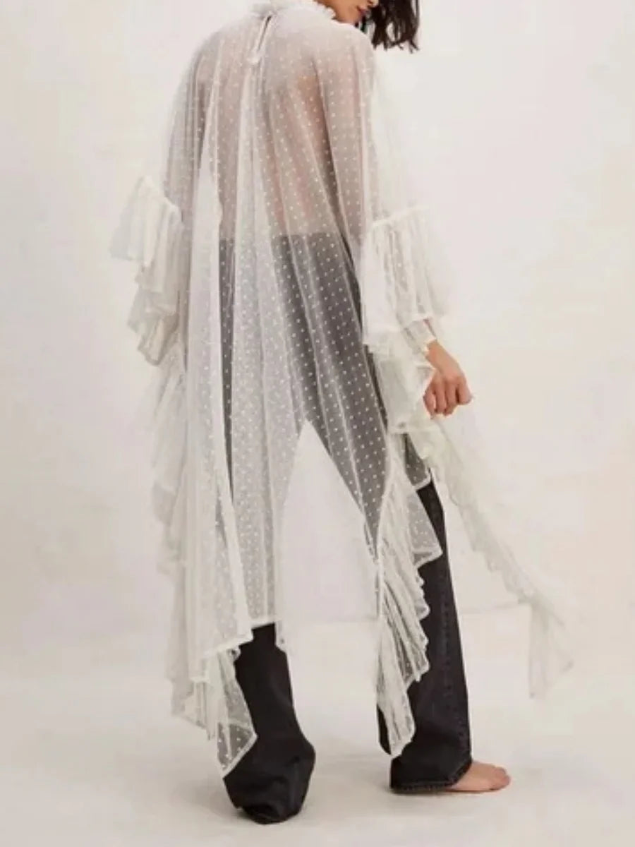 Sheer Ruffle Trim Poncho Cover-Up | Flowy Cape Shawl for Women
