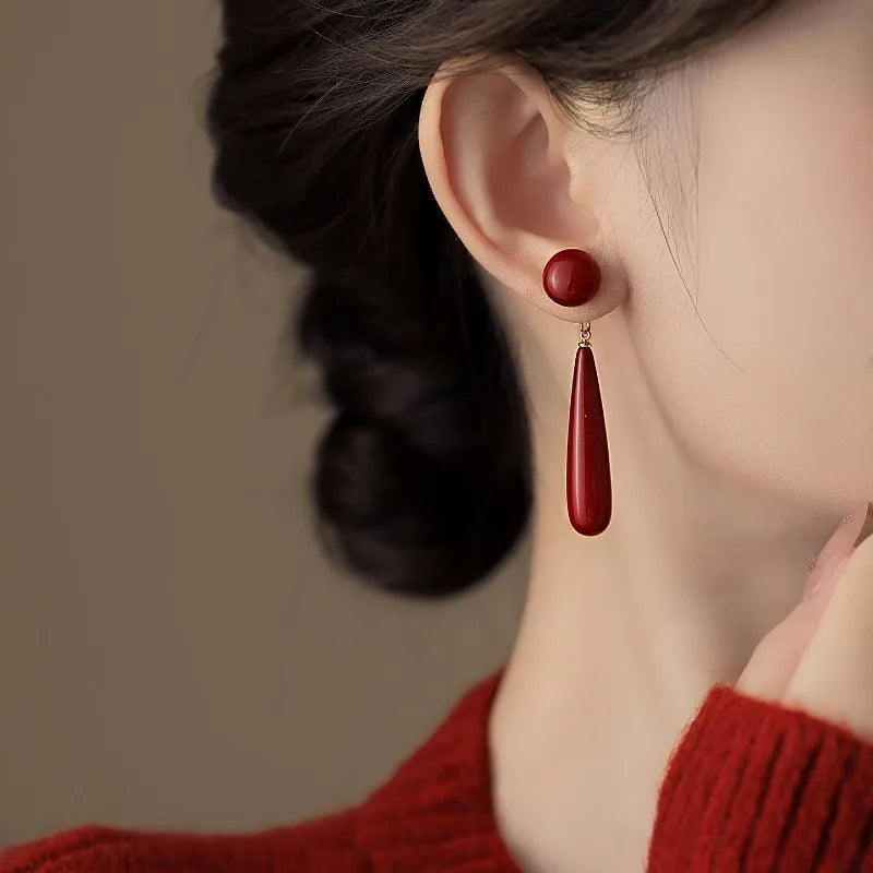Wine Red Pearl Water Drop Pendant Earrings | Gold-Plated Drop Earrings for Women