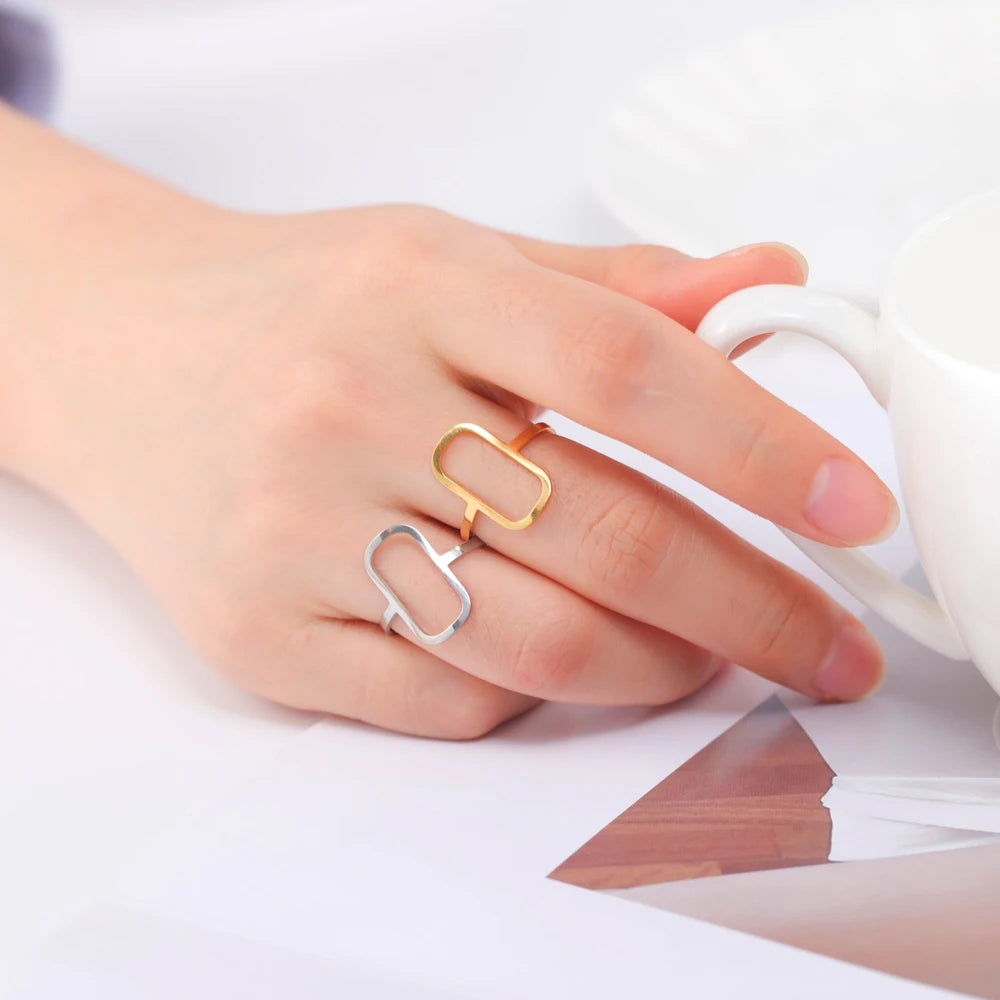 Rectangular Geometric Open Ring | 18K Gold-Plated Adjustable Stainless Steel Ring for Women