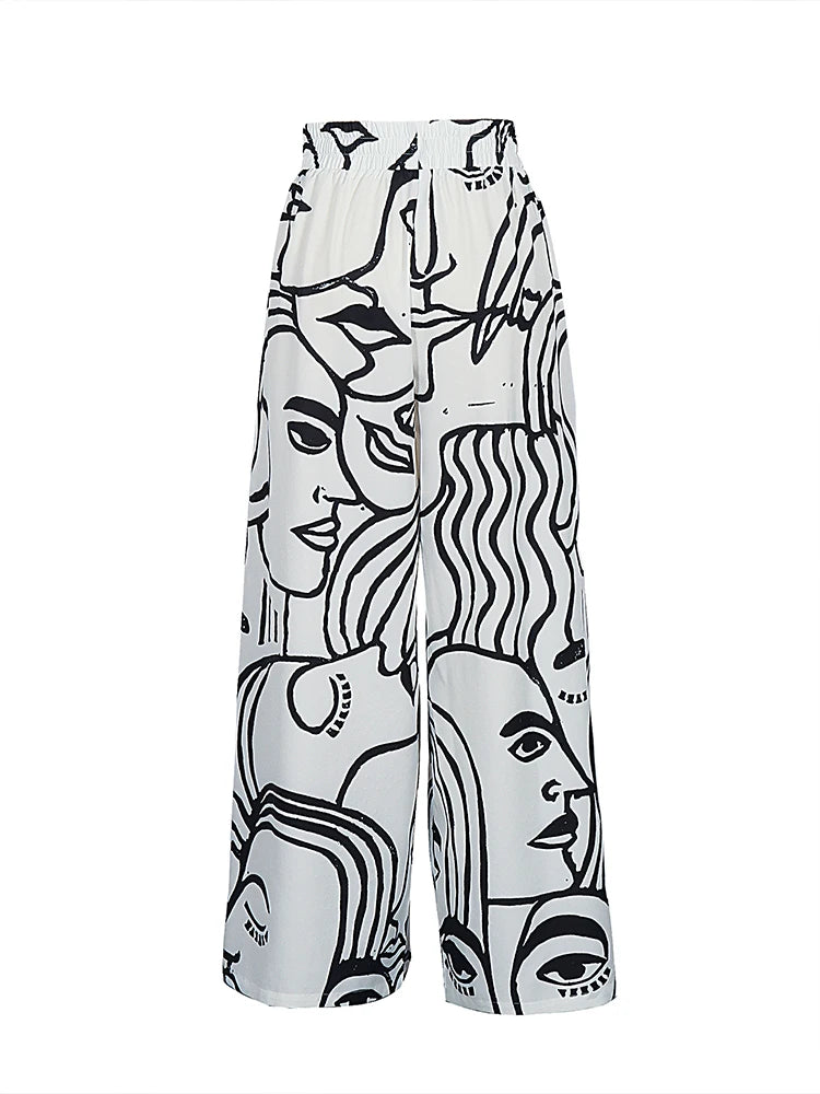 Women’s plus size wide-leg pants, white with black face and striped line abstract print