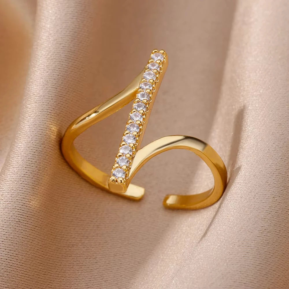 Zircon Geometric Ring Collection | 18K Gold-Plated Adjustable Stainless Steel Rings for Women