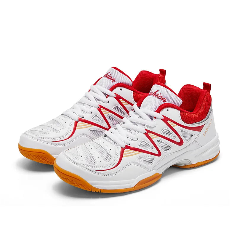 White and red lace-up court sneakers with red heel collar and gum orange outsole.