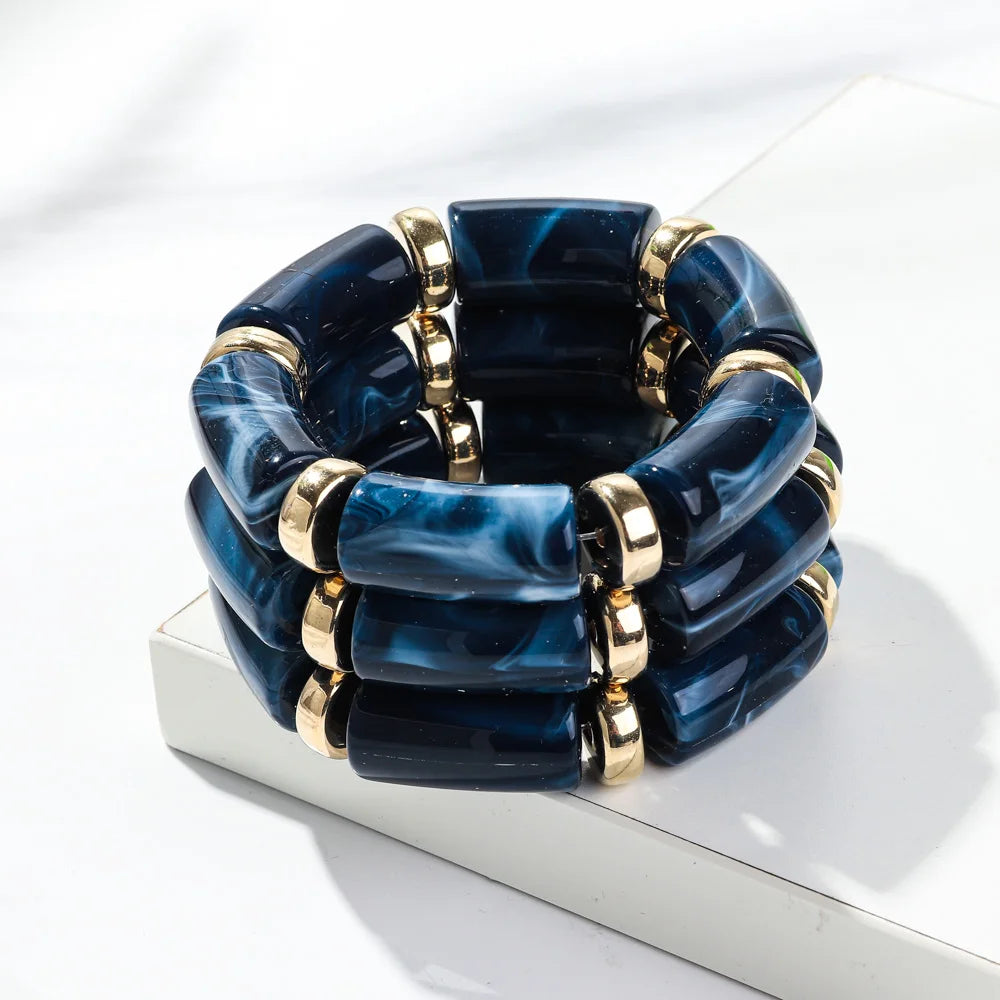 Dark blue bamboo tube bead bracelet set with gold-tone rings, chunky stretch 3-pack