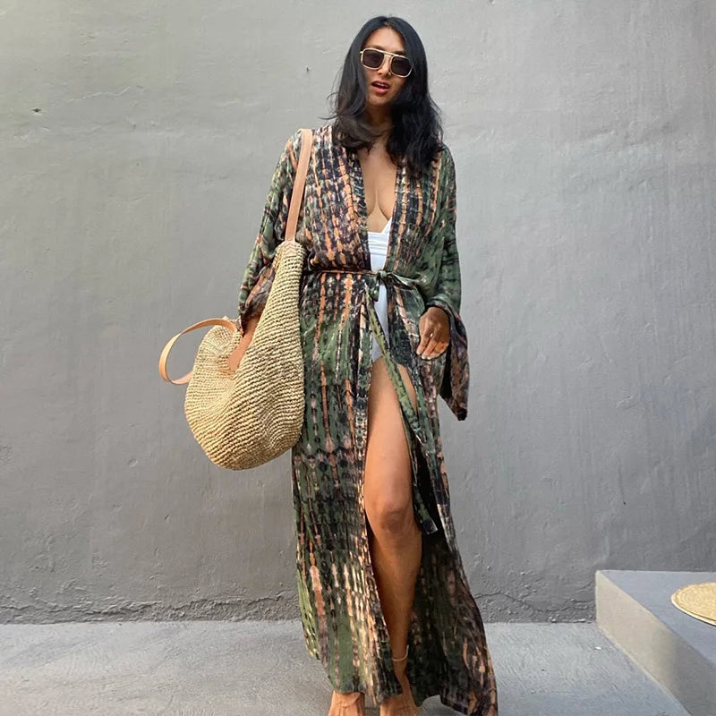Tie Dye Kimono Wrap Dress | Self-Belted Beach Cover-Up for Women