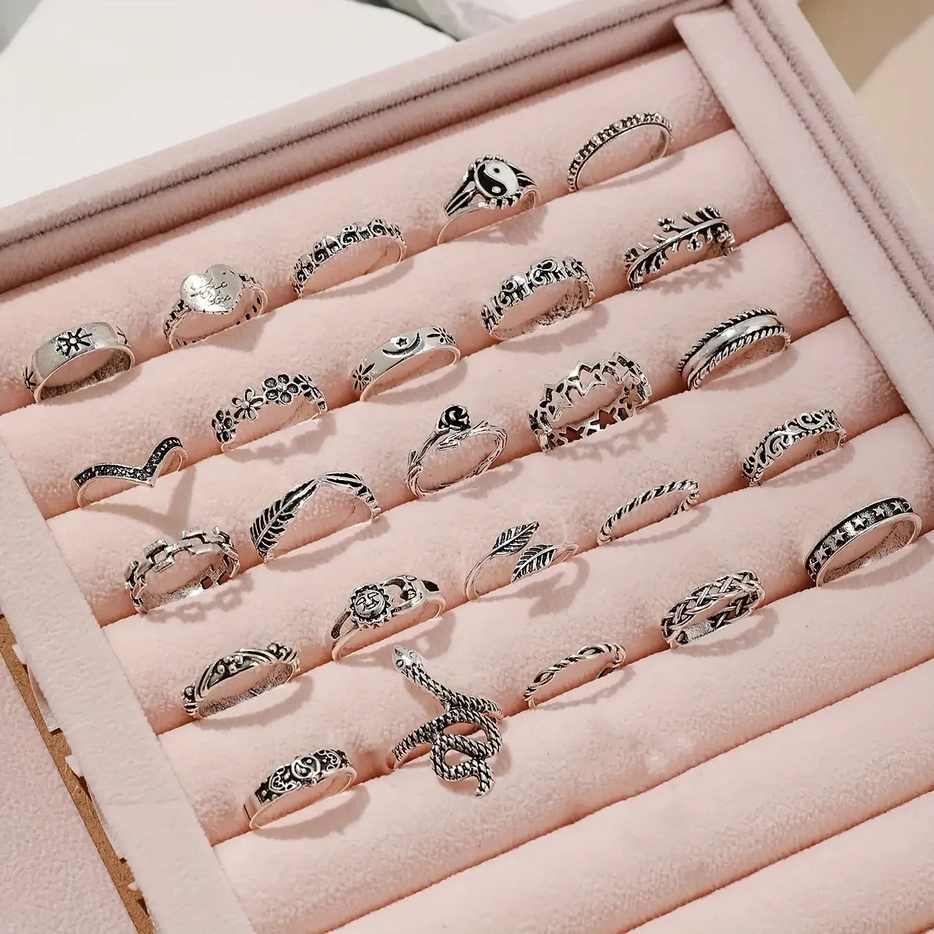 Bohemian Stacking Rings Set | 25Pcs Adjustable Silver Tone Rings for Women