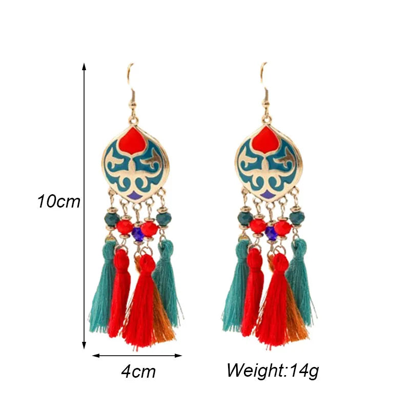 Boho tassel drop earrings set with teal enamel charms and multicolor tassels