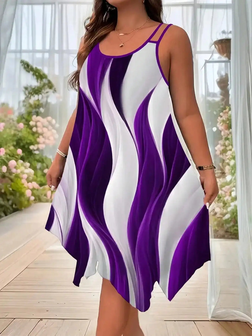 Women’s plus size asymmetrical geometric stripe dress, double spaghetti straps, purple and white