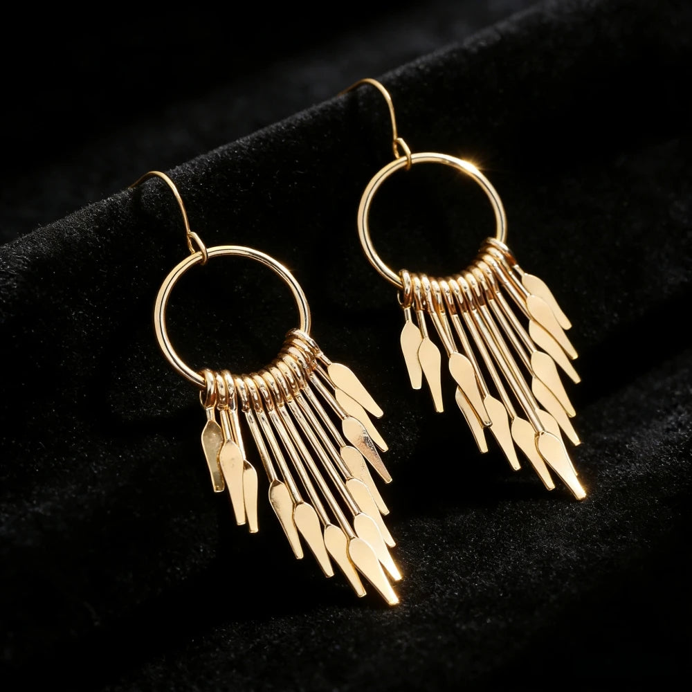 Gold Ring Tassel Drop Earrings | Geometric KC Gold-Plated Earrings for Women
