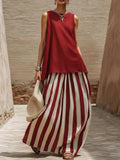 Red sleeveless tank top and high-waist striped maxi skirt set in red and white
