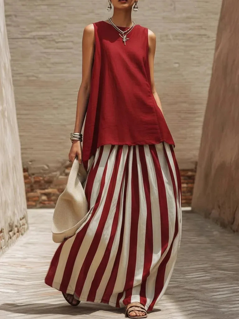 Red sleeveless tank top and high-waist striped maxi skirt set in red and white