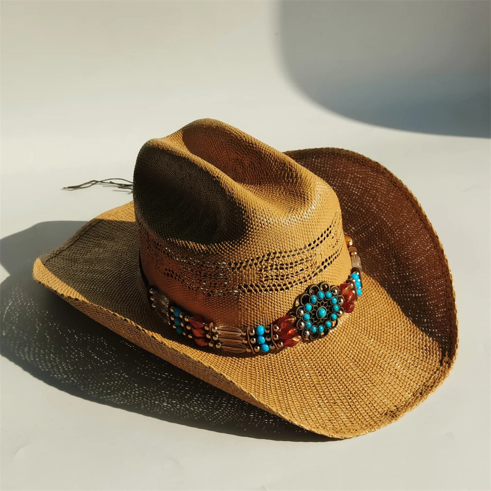 Western Straw Cowboy Hat with Turquoise Bolo Tie