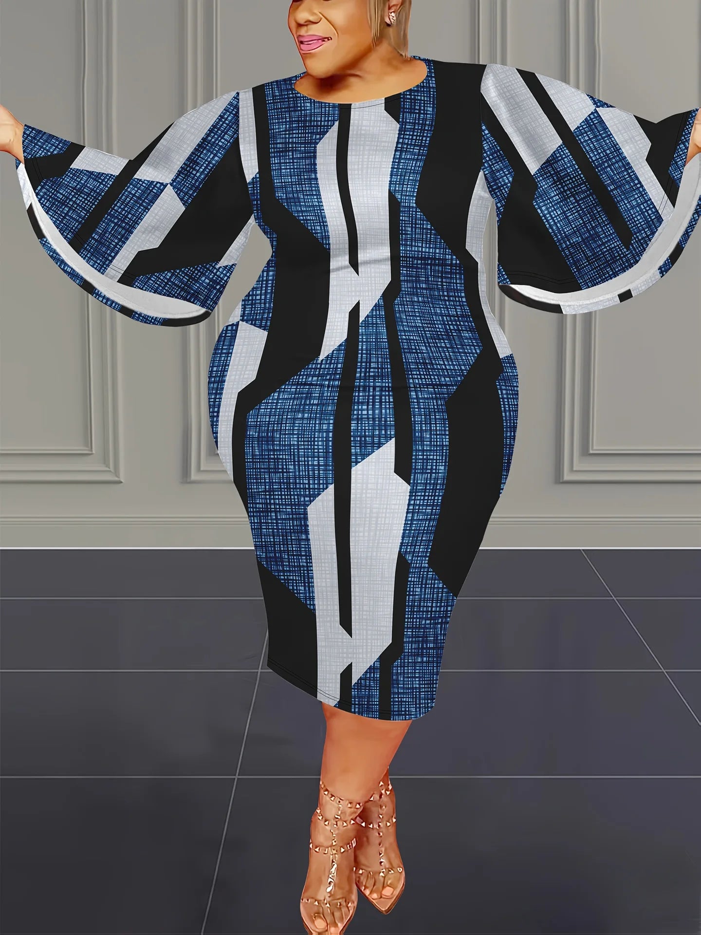 Plus size midi dress, loose fit O-neck, empire waist, blue white and black striped print