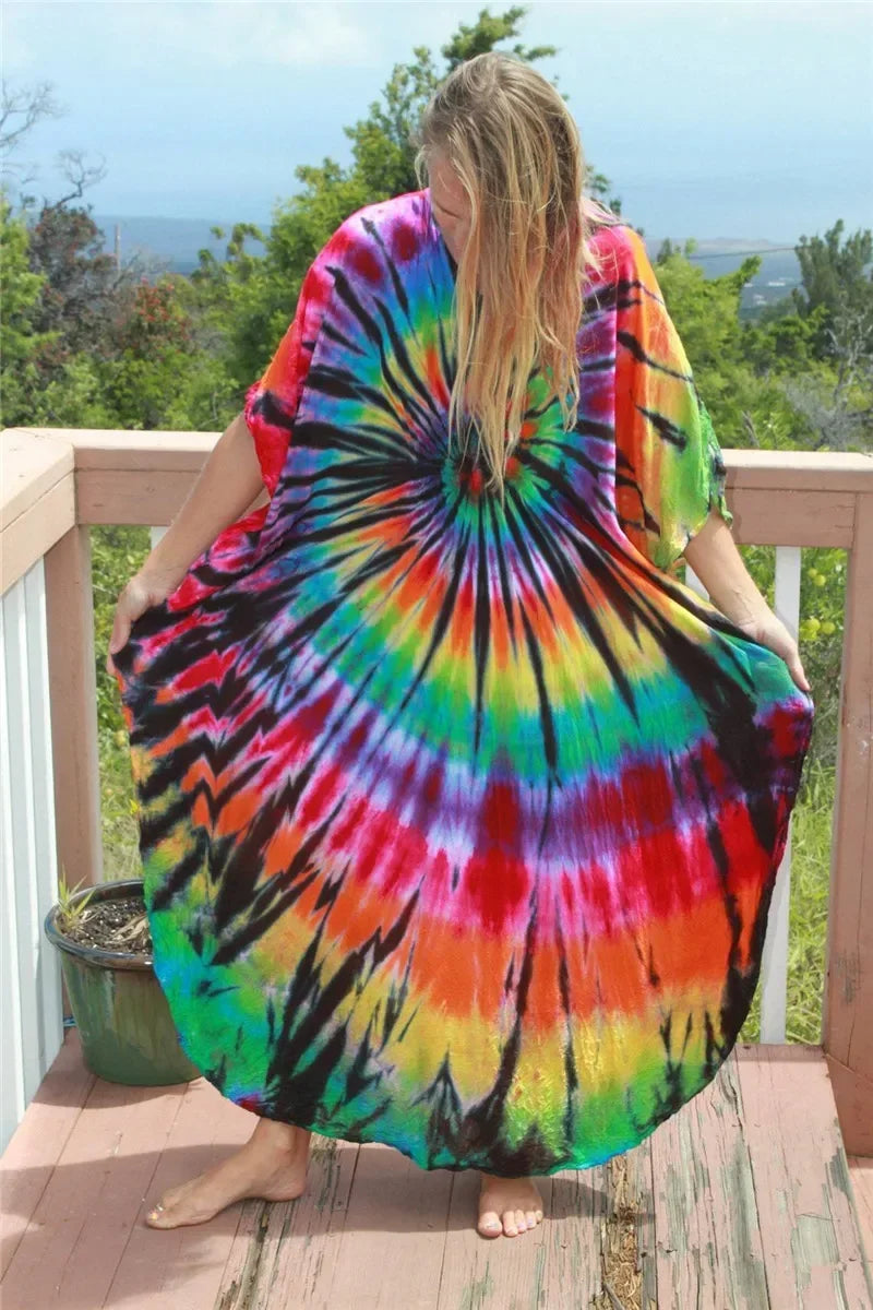 Maxi kaftan dress, rainbow tie-dye spiral with wide sleeves and V-neck back