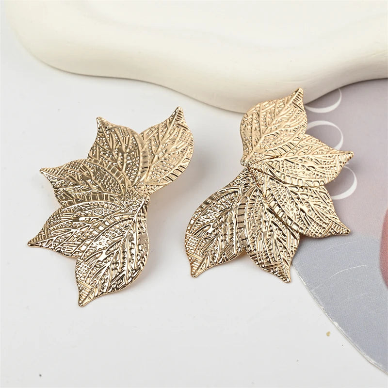Oversized Gold Leaf Drop Earrings | Exaggerated Plant Drop Earrings for Women