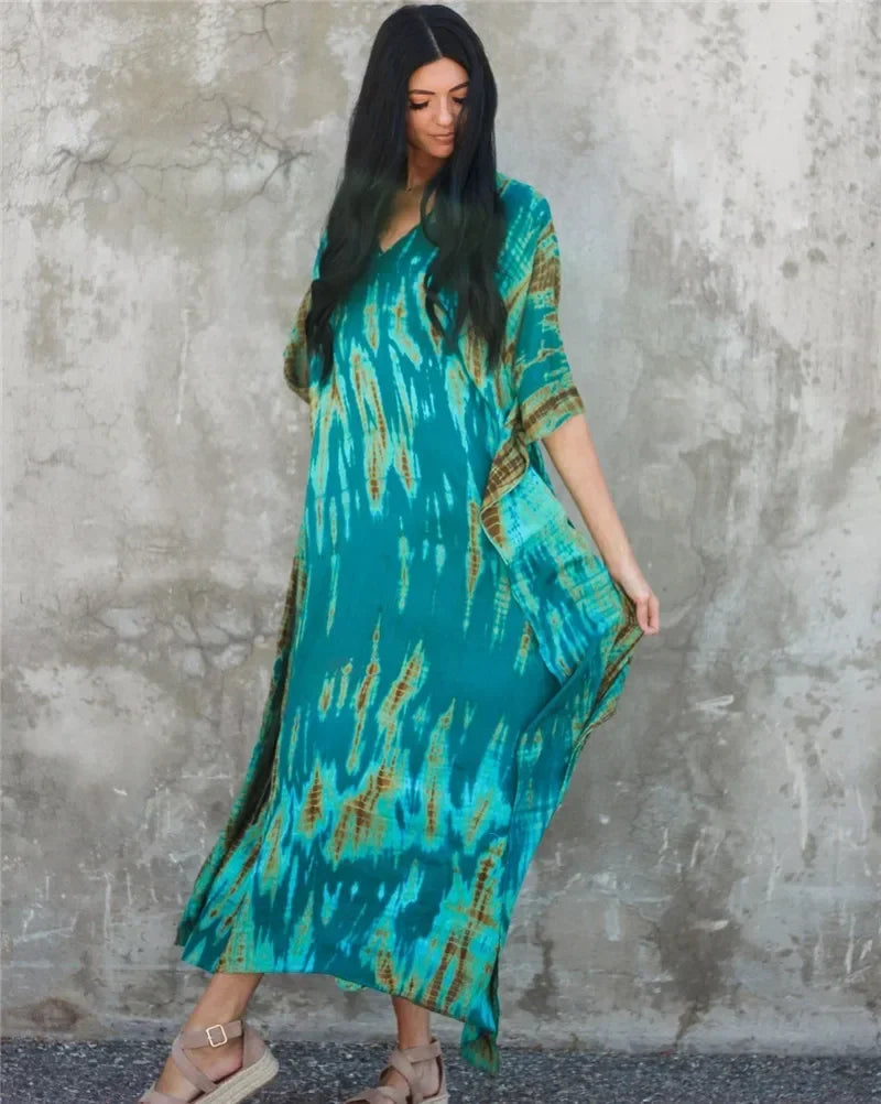 Maxi kaftan dress, turquoise with irregular ikat stripes, V-neck loose short sleeves