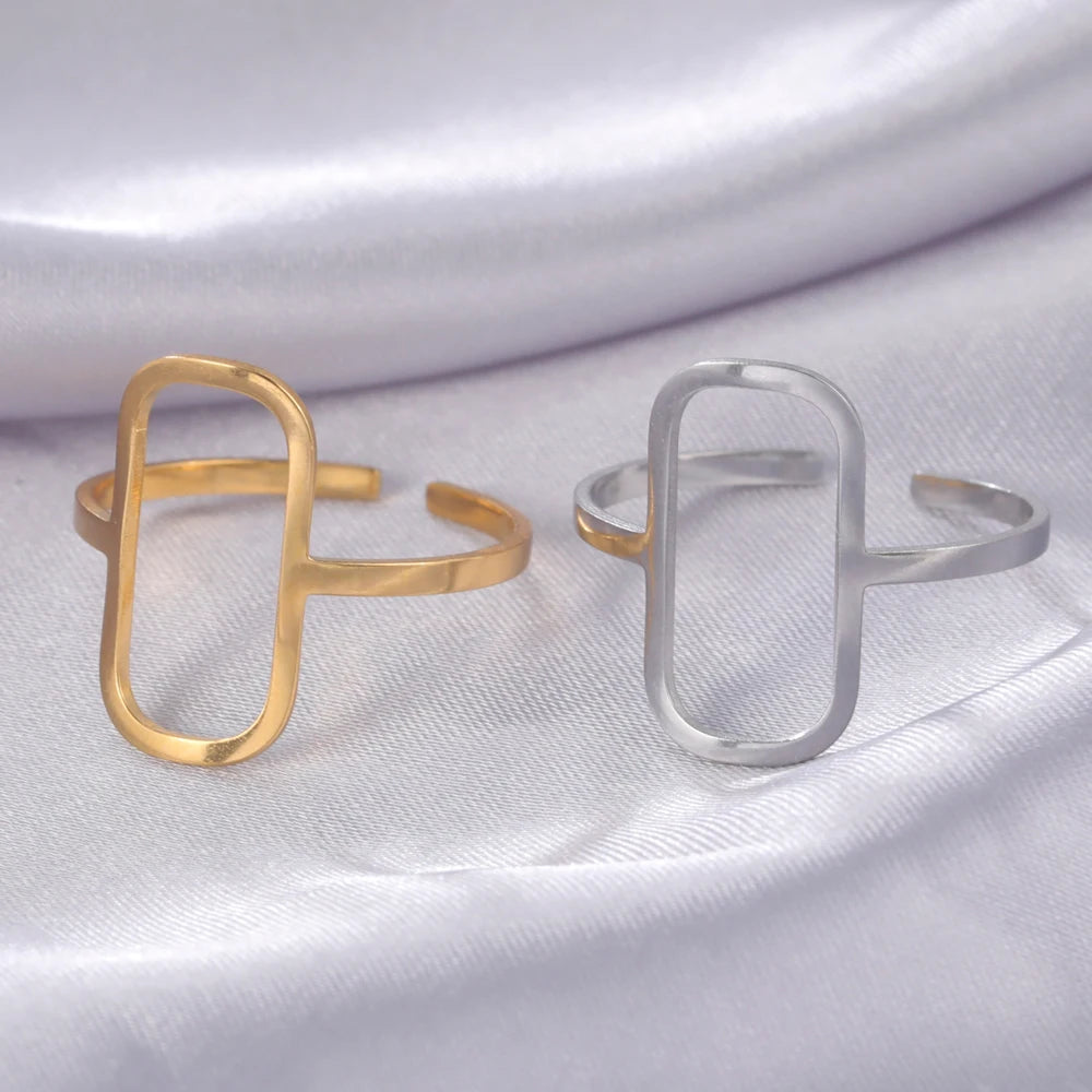 Rectangular Geometric Open Ring | 18K Gold-Plated Adjustable Stainless Steel Ring for Women