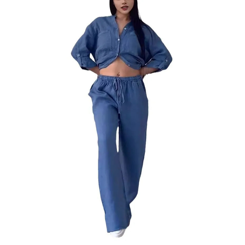 Women's linen button shirt & drawstring pants set, dark blue, button front, elastic drawstring.